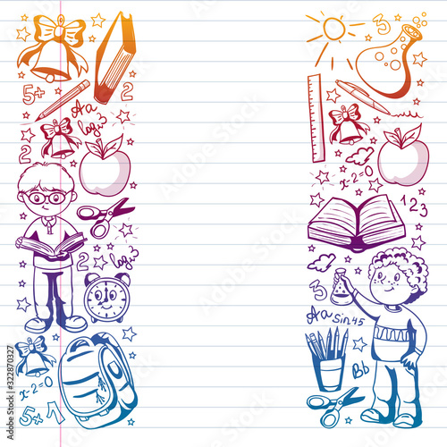 Back to School. Vector pattern with icons and children.