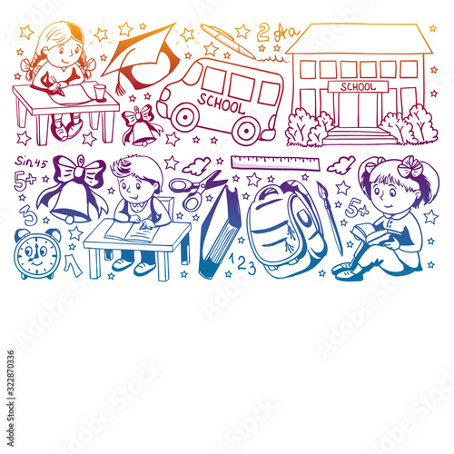 Back to School. Vector pattern with icons and children.