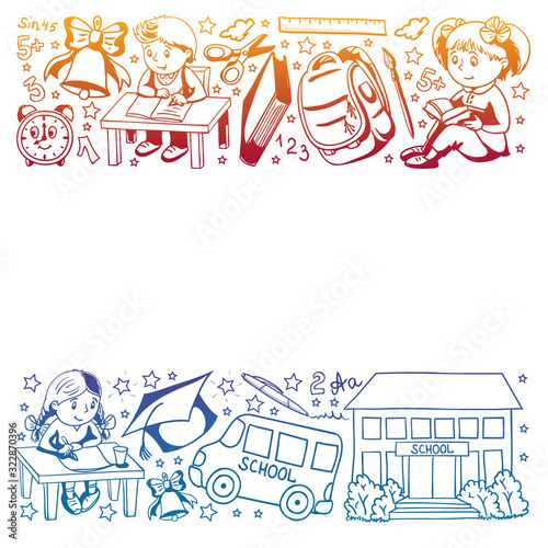 Back to School. Vector pattern with icons and children.