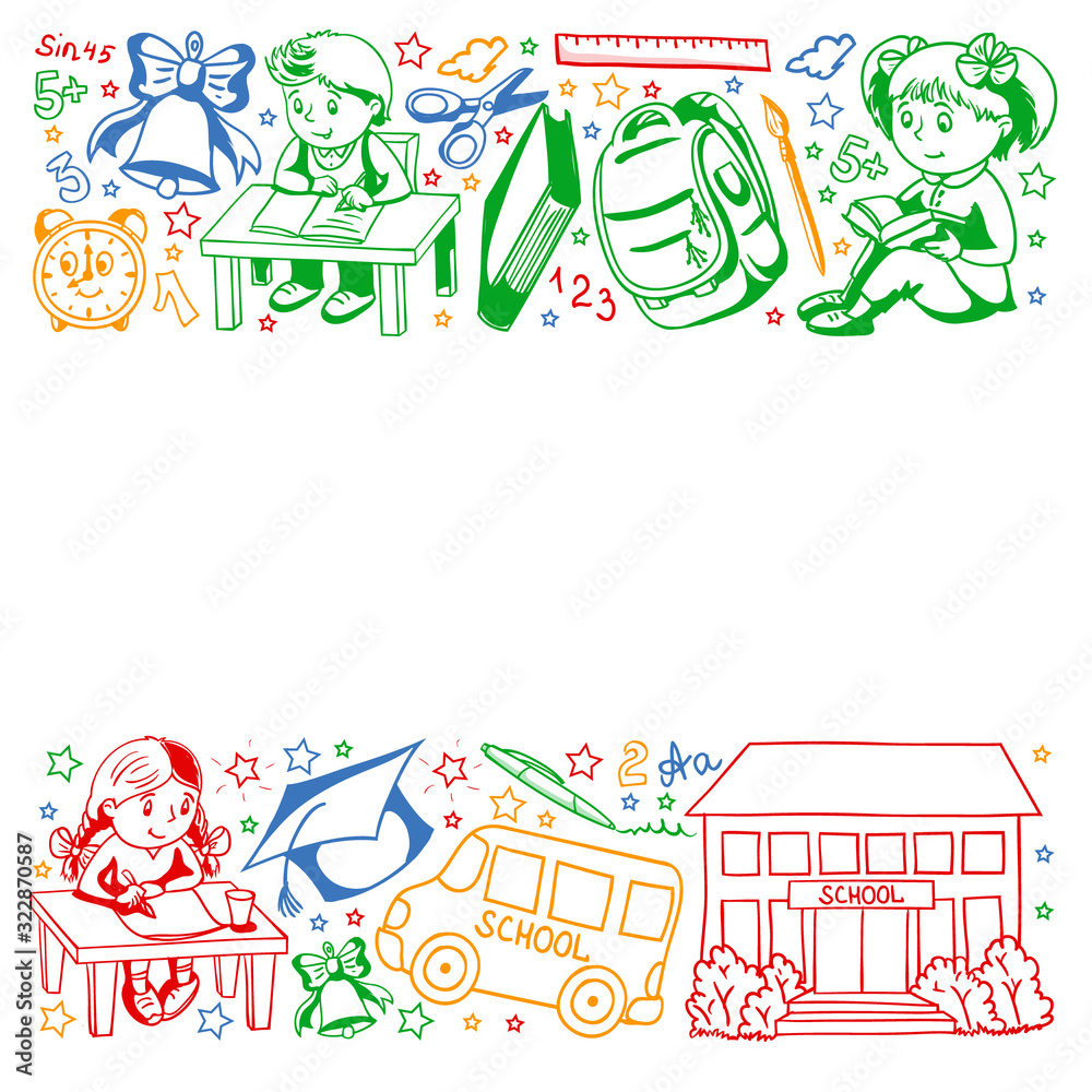 Back to School. Vector pattern with icons and children. Back to School. Vector pattern with icons and children.