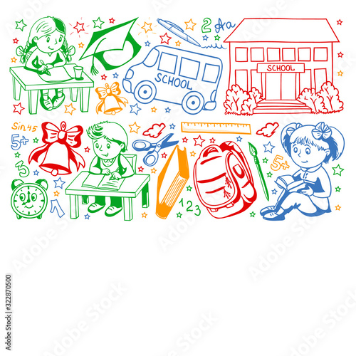 Back to School. Vector pattern with icons and children.