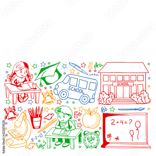 Back to School. Vector pattern with icons and children.