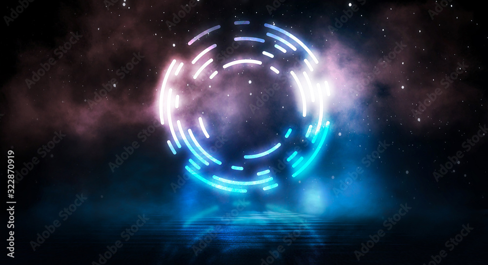 Dark futuristic scene with a geometric figure cyber circle in the center. Neon abstract background, futuristic landscape. Dark futuristic scene with a geometric figure cyber circle in the center. Neon abstract background, futuristic landscape.
