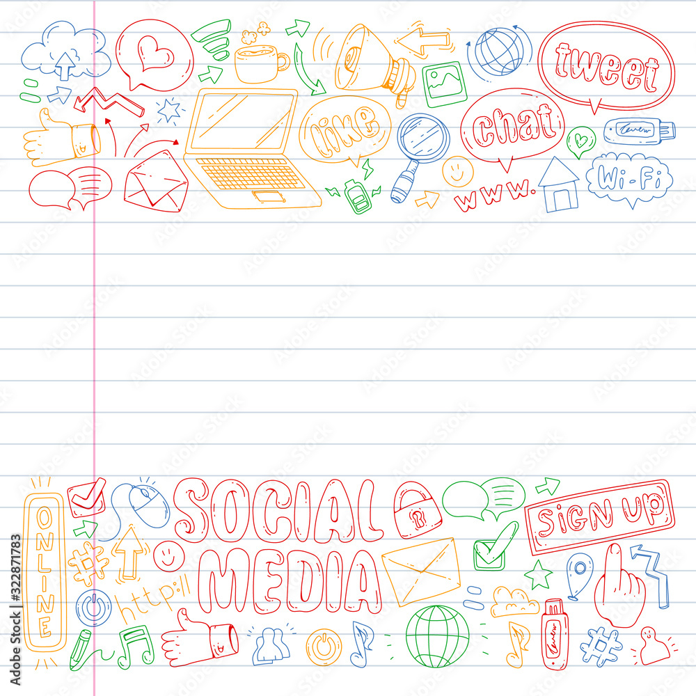 Social media, business, management vector icons. Internet marketing, communications.