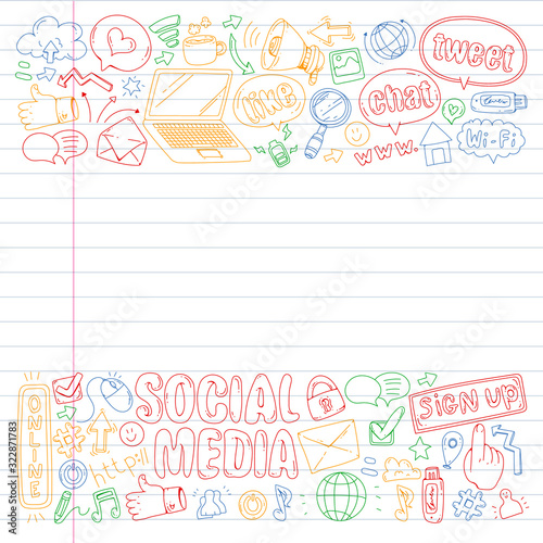 Social media, business, management vector icons. Internet marketing, communications.