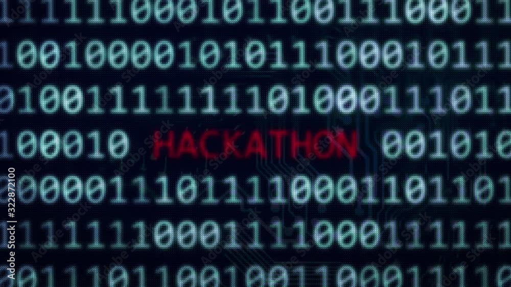 Hackathon word text between random binary data in 4k animation 3d rendered with depth of field	