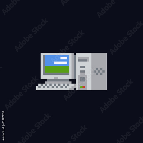 Retro personal computer with colorful background on the screen, computer case and keyboard vintage vector illustration, isolated icon