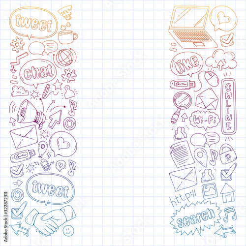 Social media, business, management vector icons. Internet marketing, communications.