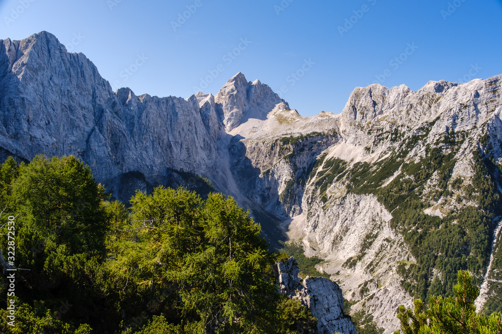 Beautiful view towards Jalovec mountain on Slemenova spica plateau in Slovenia