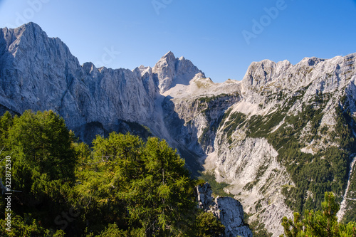 Beautiful view towards Jalovec mountain on Slemenova spica plateau in Slovenia