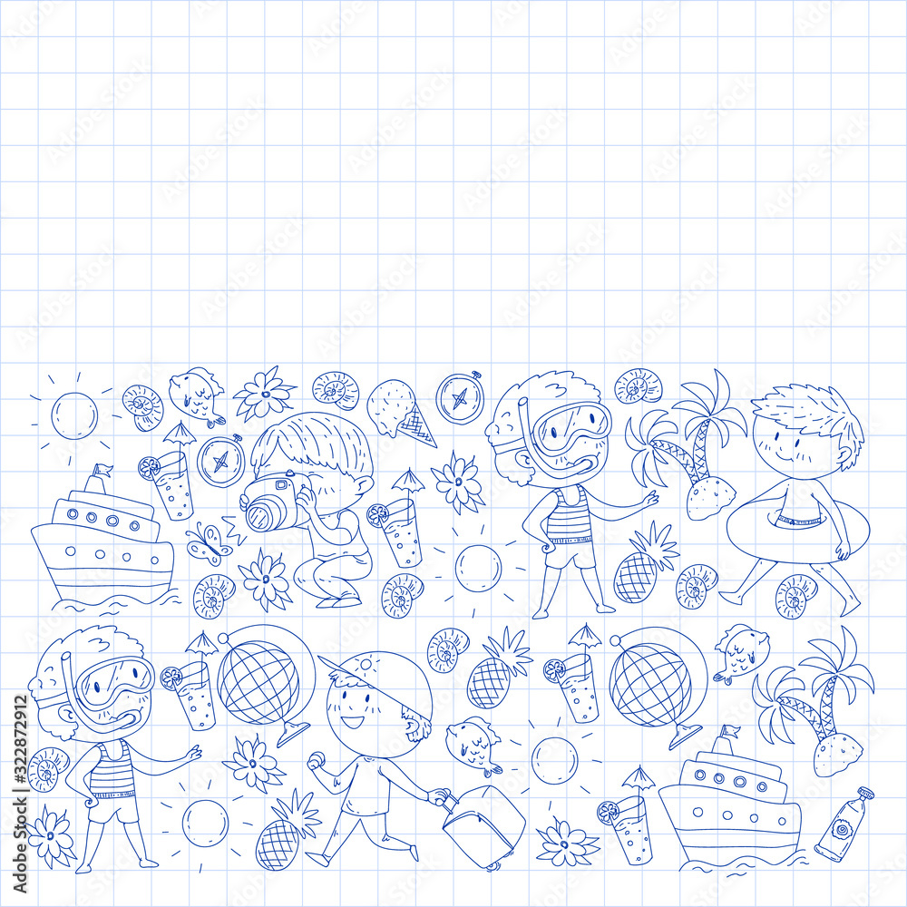 Set of summer icons with children. Kids swim with swimming mask and flippers, inflatable ring, sunbathe on the beach, take photos. Set of summer icons with children. Kids swim with swimming mask and flippers, inflatable ring, sunbathe on the beach, take photos.