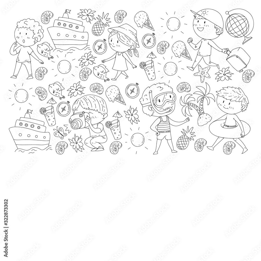 Set of summer icons with children. Kids swim with swimming mask and flippers, inflatable ring, sunbathe on the beach, take photos. Set of summer icons with children. Kids swim with swimming mask and flippers, inflatable ring, sunbathe on the beach, take photos.