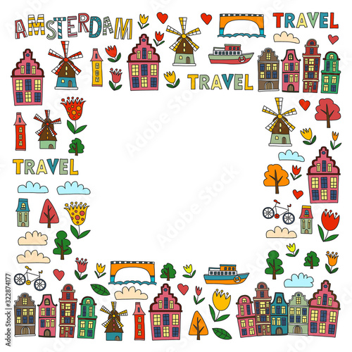 Vector pattern with Holland  Netherlands  Amsterdam icons. Doodle style.