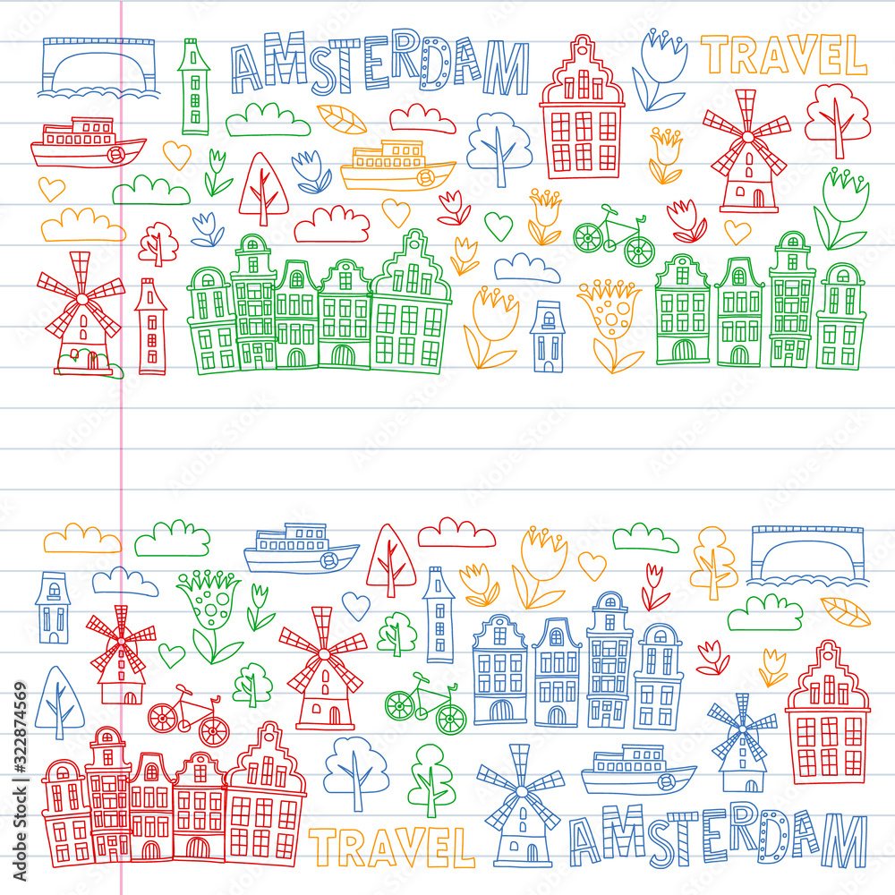 Vector pattern with Holland, Netherlands, Amsterdam icons. Doodle style.