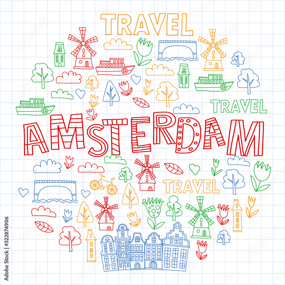 Vector pattern with Holland, Netherlands, Amsterdam icons. Doodle style.