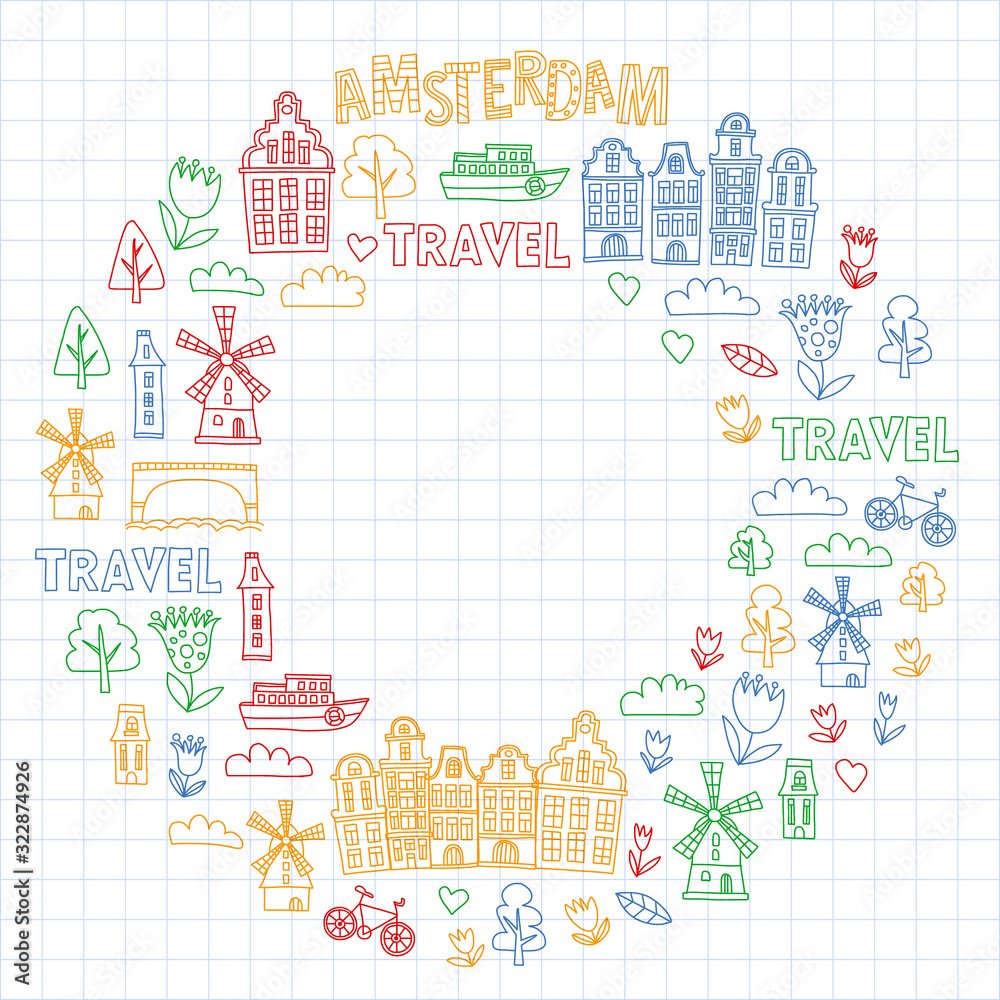 Naklejka premium Vector pattern with Holland, Netherlands, Amsterdam icons. Doodle style.