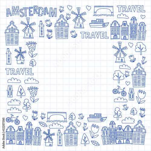 Vector pattern with Holland, Netherlands, Amsterdam icons. Doodle style.