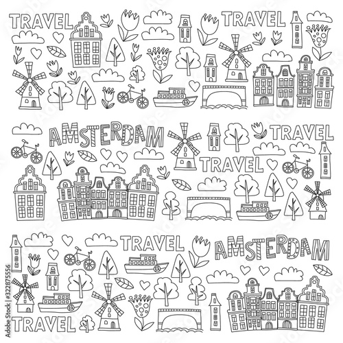 Vector pattern with Holland, Netherlands, Amsterdam icons. Doodle style.