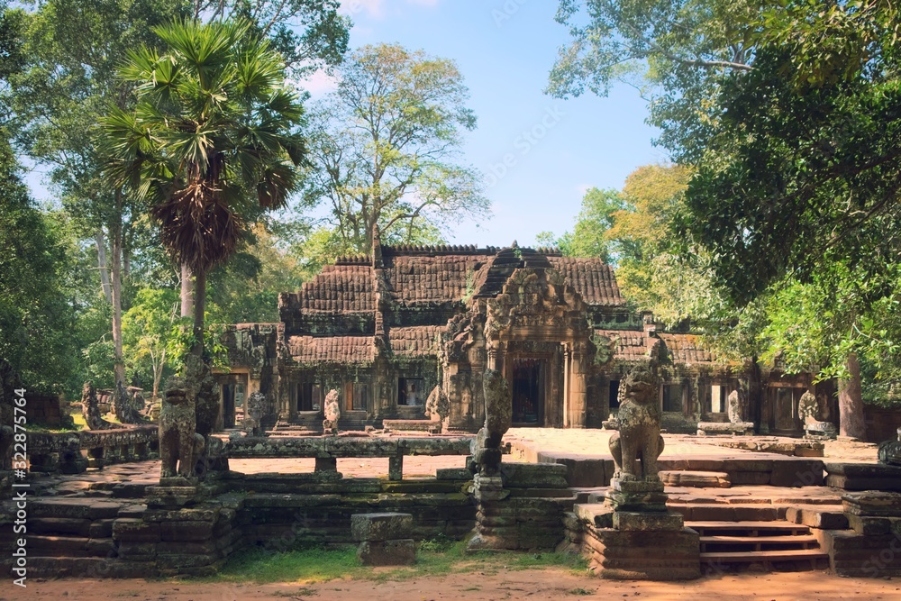 Facade and front courtyard of Banteay Kdei temple, located in the ruins of Angkor Wat complex near Siem Reap, Cambodia.