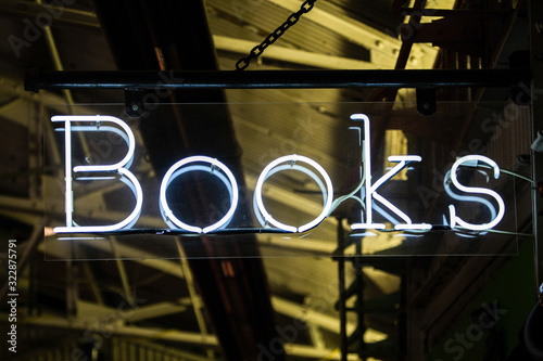 Neon White Books sign on Chelsea Market - New York