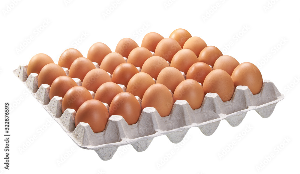 Raw chicken eggs in paper packaging isolated on white background. Raw chicken eggs in paper packaging isolated on white background.