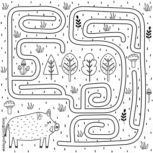 Black and white maze game for kids. Help the boar find the way to the forest