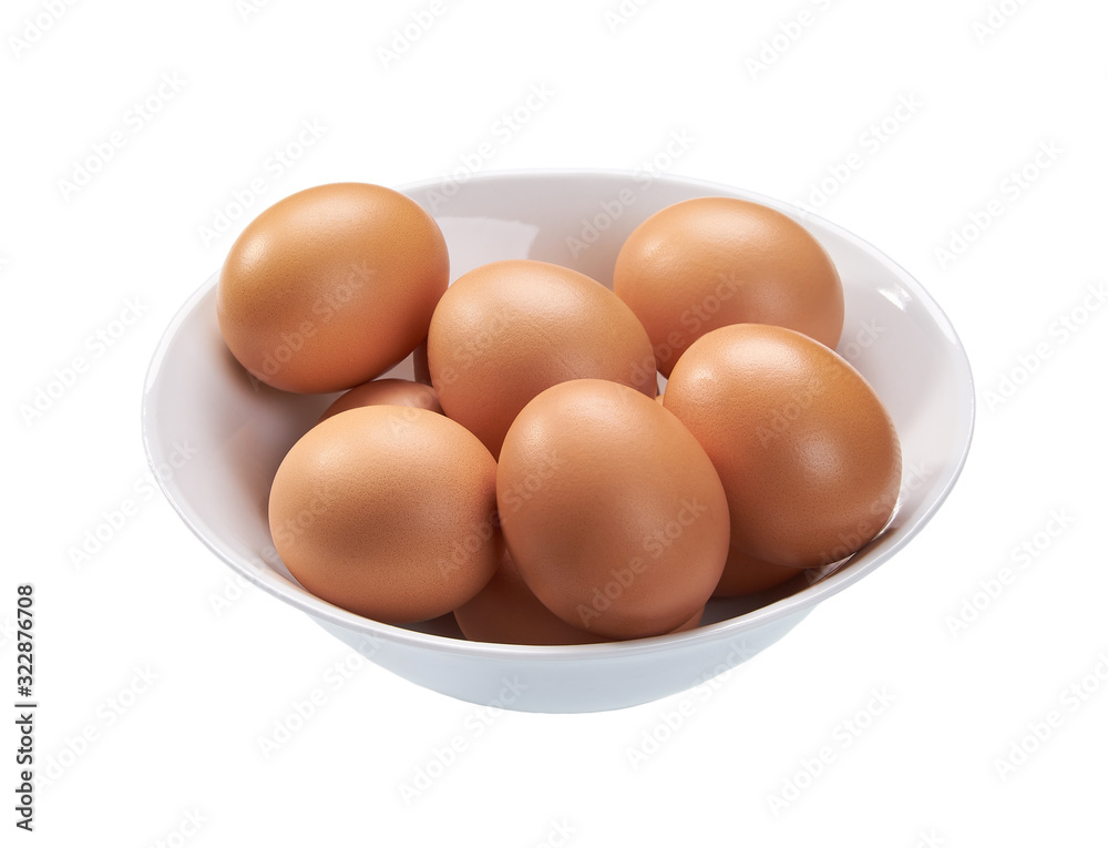 Eggs in ceramic bowl isolated on white background. Eggs in ceramic bowl isolated on white background.