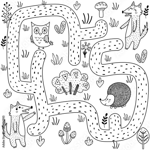 Black and white maze game for kids. Help the baby wolf find the way to his mother