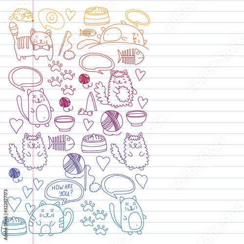 Vector pattern with cute little cats and kittens for children.