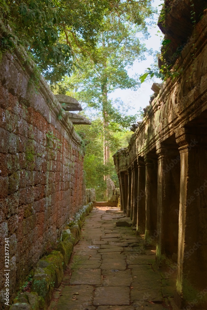 Inner gallery at the Banteay Kdei temple ruins, in Angkor Wat complex near Siem Reap, Cambodia.
