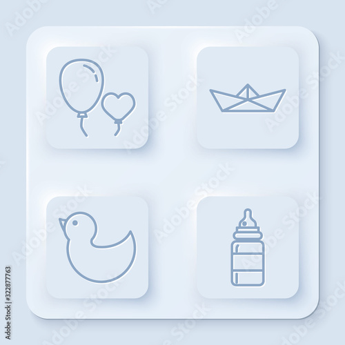 Set line Balloons in form of heart, Folded paper boat, Rubber duck and Baby bottle. White square button. Vector