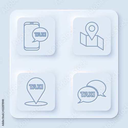 Set line Taxi call telephone service, Folded map with location marker, Map pointer with taxi and Taxi call telephone service. White square button. Vector