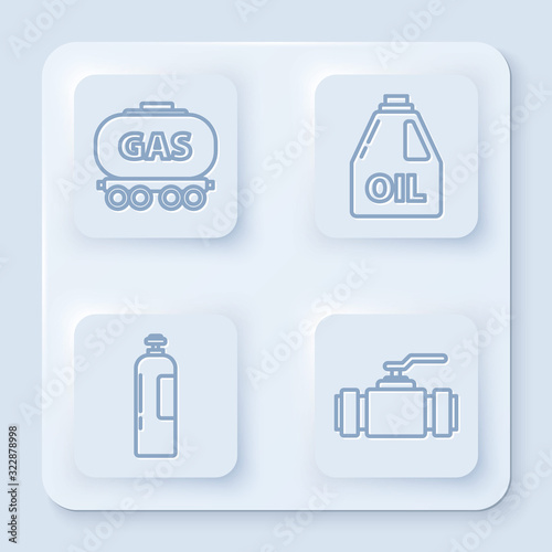 Set line Gas railway cistern, Canister for motor machine oil, Industrial gas cylinder tank and Industry metallic pipes and valve. White square button. Vector