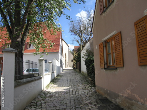 N  rdlingen Gasse mit bl  hendem Baum