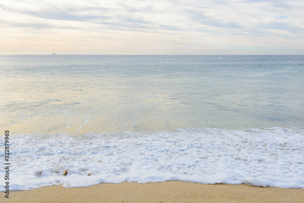 Set of six pictures of a fantastic ocean wave in different stages. Cloudy sunrise sky. San Jose del Cabo. Mexico.