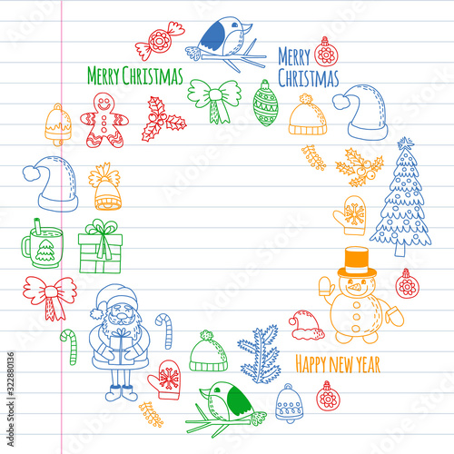 Christmas element in doodle kids drawing style. Vector pattern.