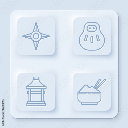 Set line Japanese ninja shuriken, Maneki neko cat, Japan Gate and Rice in a bowl with chopstick. White square button. Vector