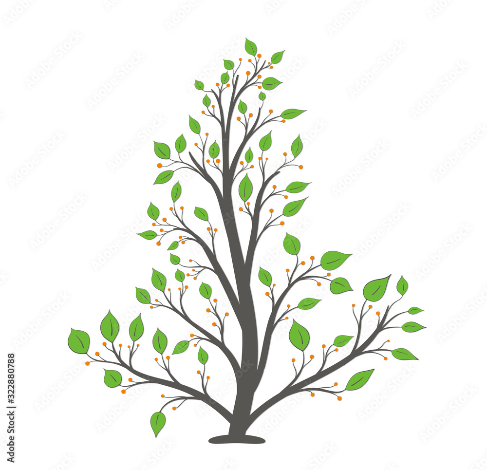 Blooming tree with green leaves and orange berries on a white background