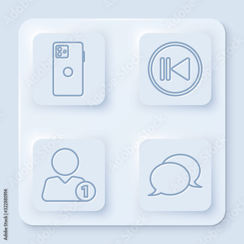 Set line Smartphone, mobile phone, Rewind, Add to friend and Speech bubble chat. White square button. Vector