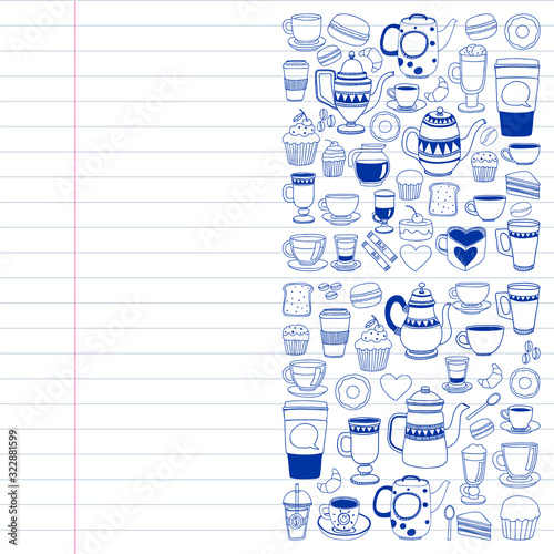 Coffee menu. Vector pattern with cappuccino, espresso. Kitchen, cooking, beverages.