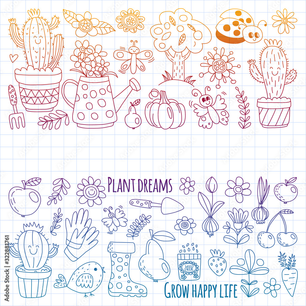 Cute gardening. Icons for banners. Vector pattern for backgrounds.