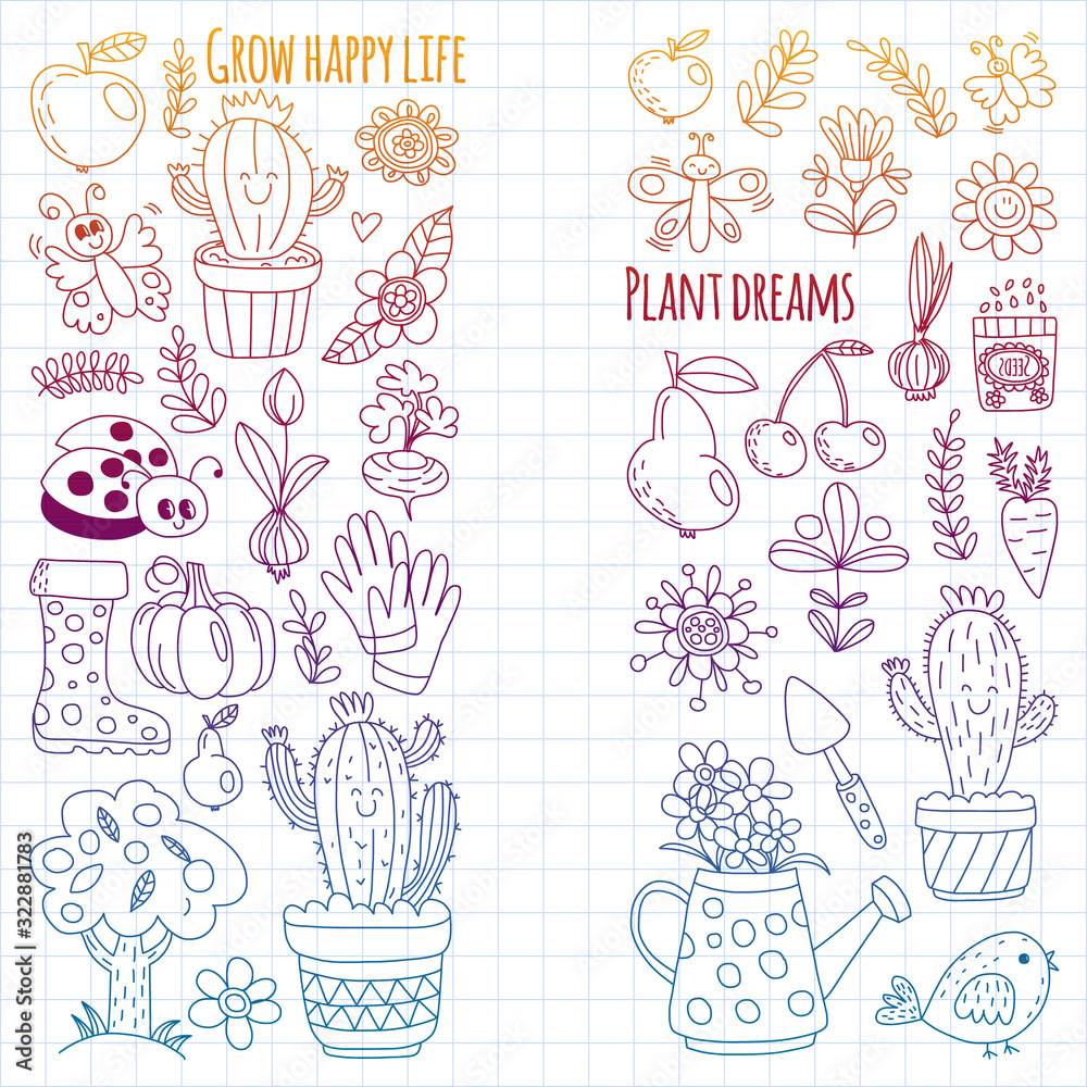 Cute gardening. Icons for banners. Vector pattern for backgrounds. Cute gardening. Icons for banners. Vector pattern for backgrounds.