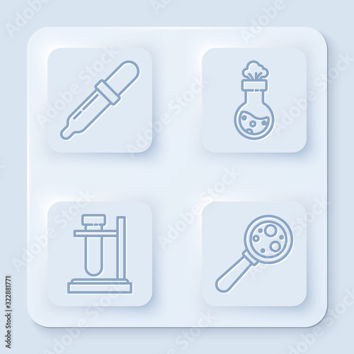 Set line Pipette, Test tube and flask chemical, Test tube flask on stand and Microorganisms under magnifier. White square button. Vector