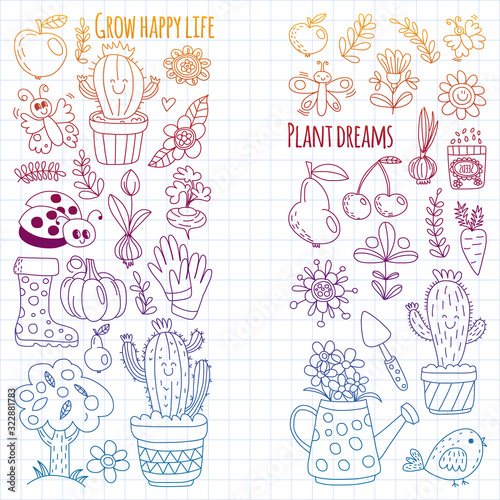 Cute gardening. Icons for banners. Vector pattern for backgrounds.