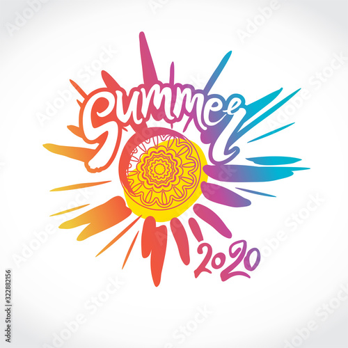 Vector logo Summer 2020. Bright rays of the colorful sun, an inscription by hand and a circle of ethnic ornament. Stylish seasonal pattern.