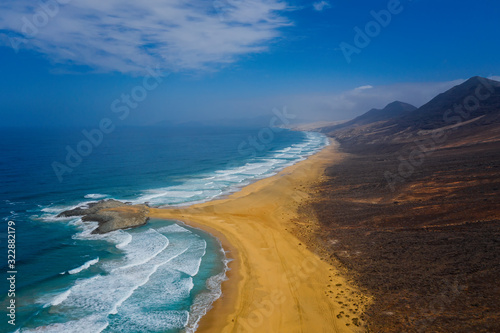 Cofete beach, Fuerteventura, Canary Islans, Spain. Aerial drone view in october 2019 photo