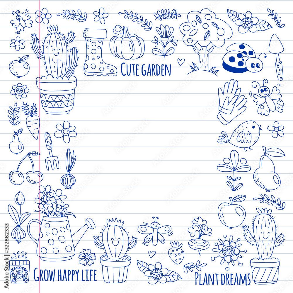 Cute gardening. Icons for banners. Vector pattern for backgrounds. Cute gardening. Icons for banners. Vector pattern for backgrounds.