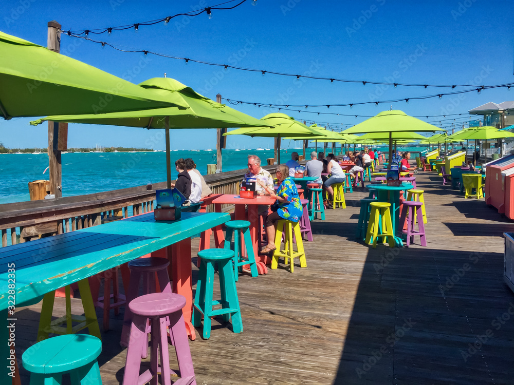 Boardwalk restaurant at the beach in vibrant colors