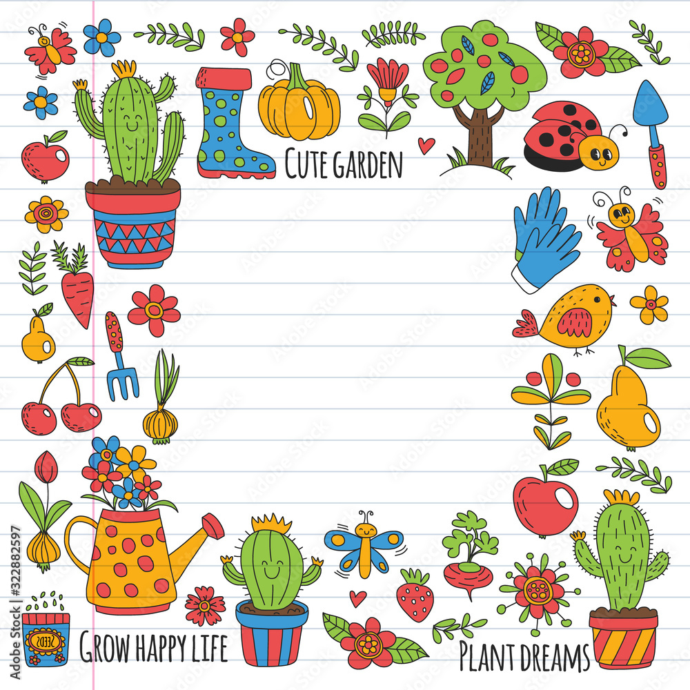 Fototapeta premium Cute gardening. Icons for banners. Vector pattern for backgrounds.