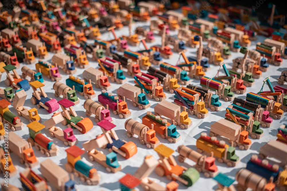 Traditional Mexican wooden toys for sale in one of the streets of the city of Toluca. Toy trucks
